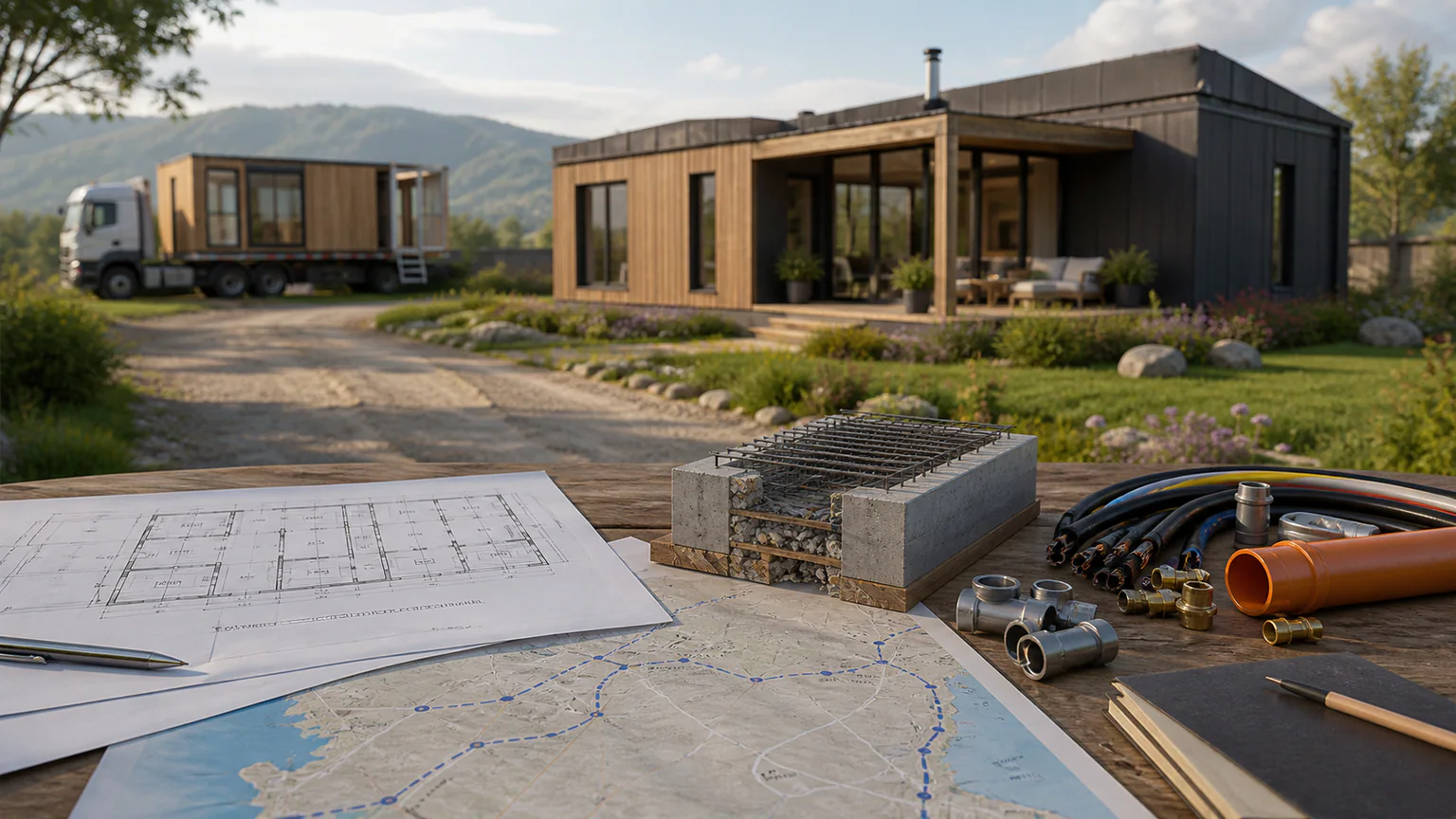 Modular Home Cost Europe: Price, Delivery and Connections — QHOME technology guide Modular Home Cost Europe: Price, Delivery and Connections — editorial planning scene