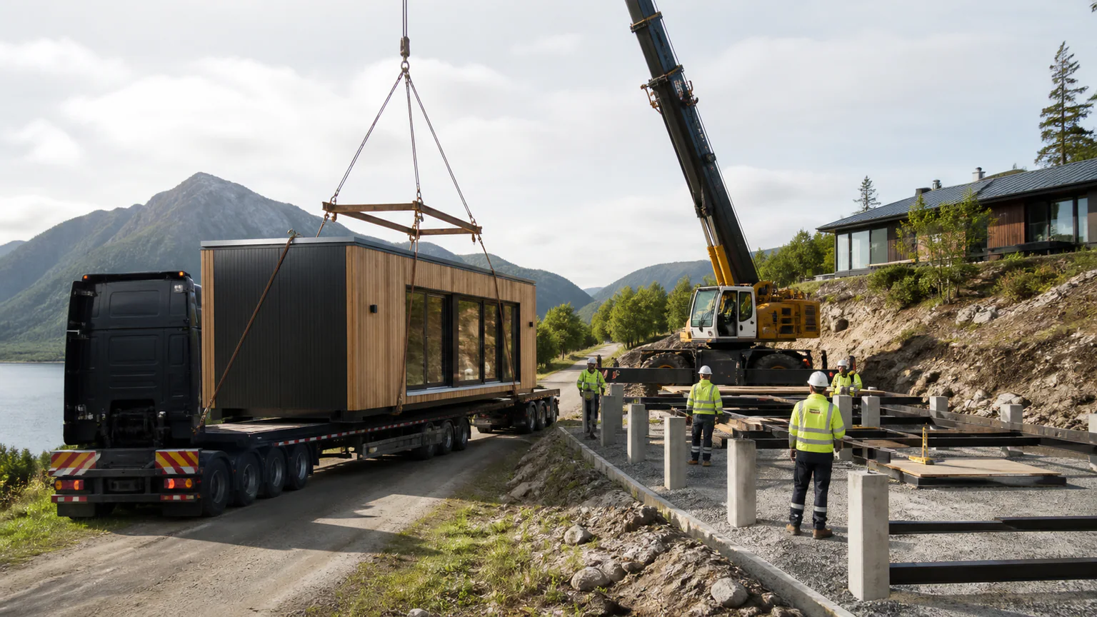 Modular Home Delivery: Transport Route, Crane and Installation — QHOME technology guide Modular Home Delivery: Transport Route, Crane and Installation — editorial planning scene