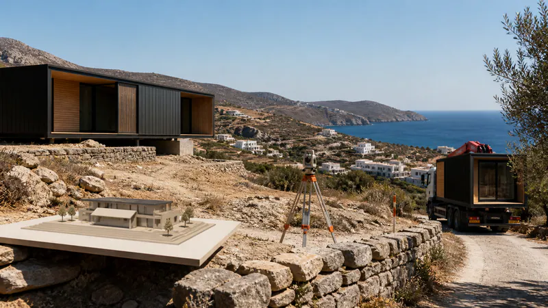 Modular Home in Greece: Greece — QHOME technology guide Modular Home in Greece: Greece — editorial planning scene