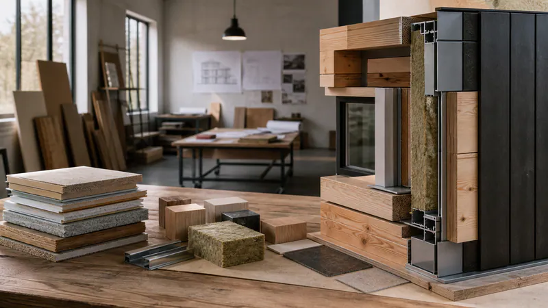 Embodied Carbon Modular Home: Materials and Carbon — QHOME technology guide Embodied Carbon Modular Home: Materials and Carbon — editorial planning scene