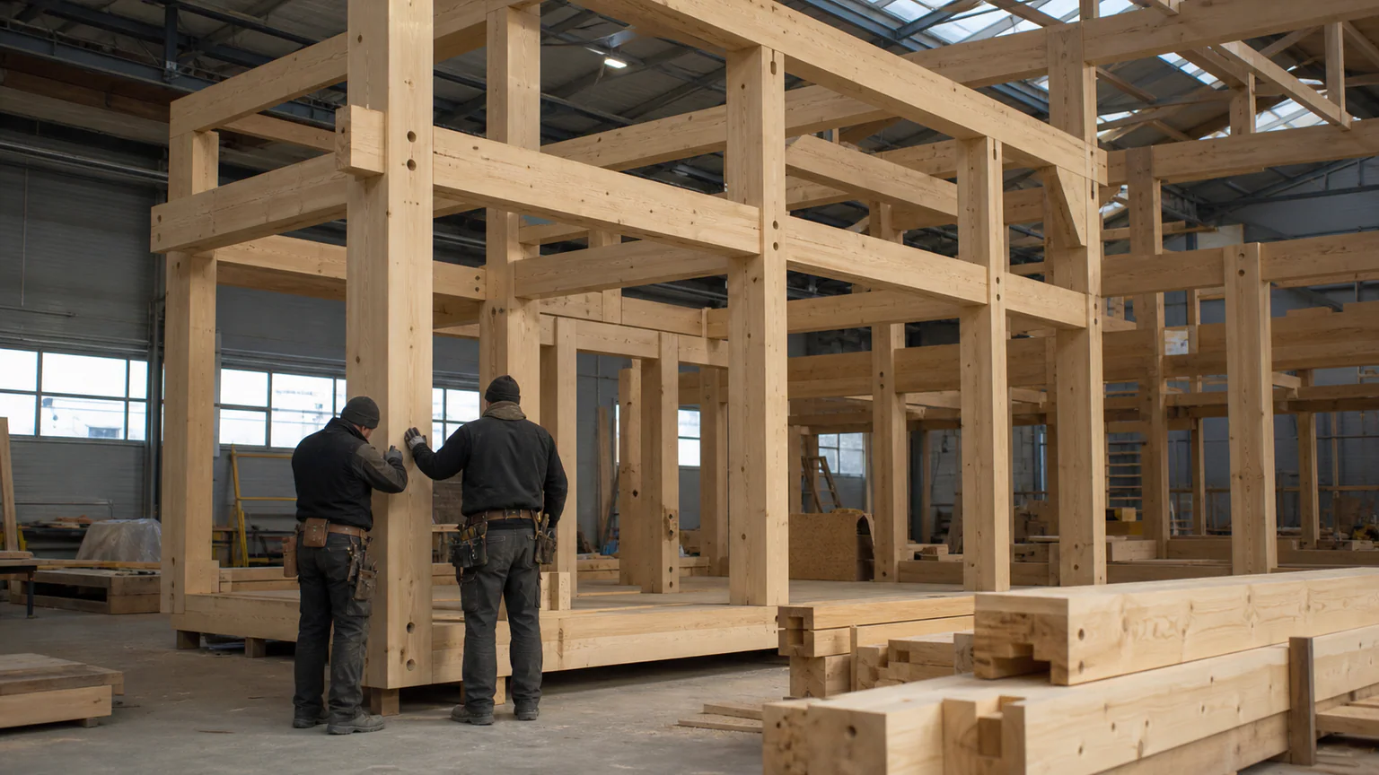 Timber Modular Home: Wood Structure — QHOME technology guide Timber Modular Home: Wood Structure — editorial planning scene