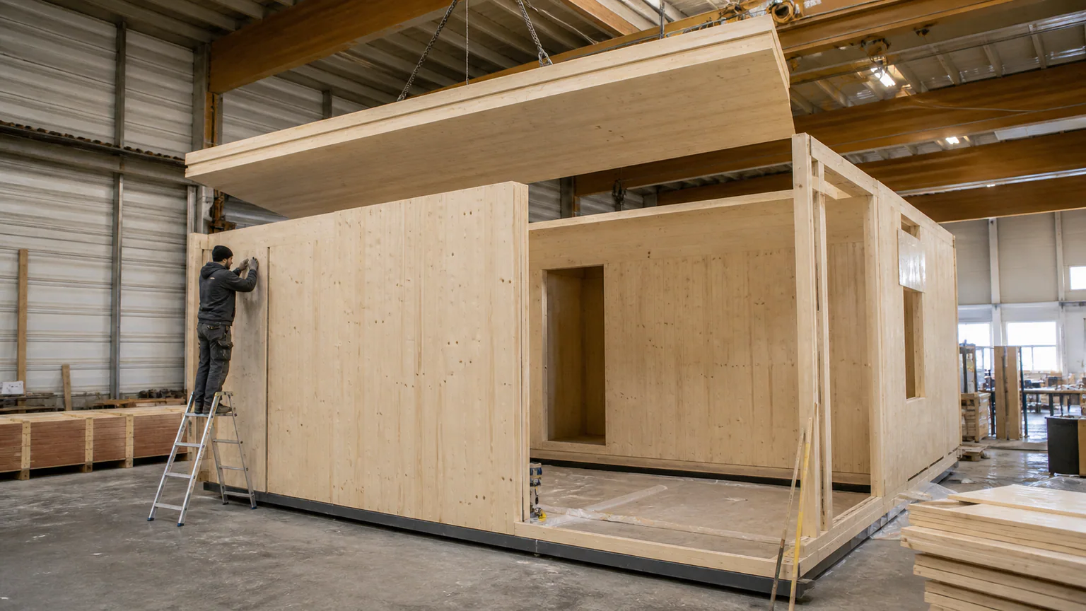 CLT Modular Home: Mass Timber — QHOME technology guide CLT Modular Home: Mass Timber — editorial planning scene