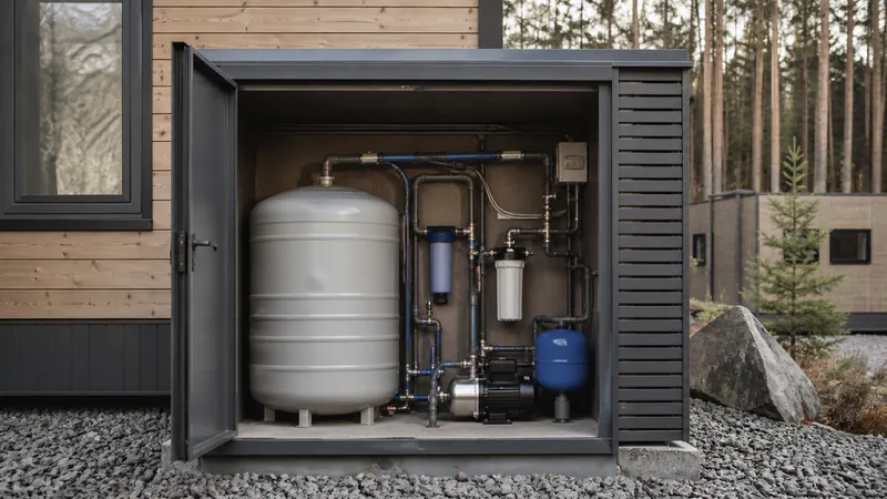 Water System Modular Home: Tanks and Supply — QHOME technology guide Water System Modular Home: Tanks and Supply — editorial planning scene