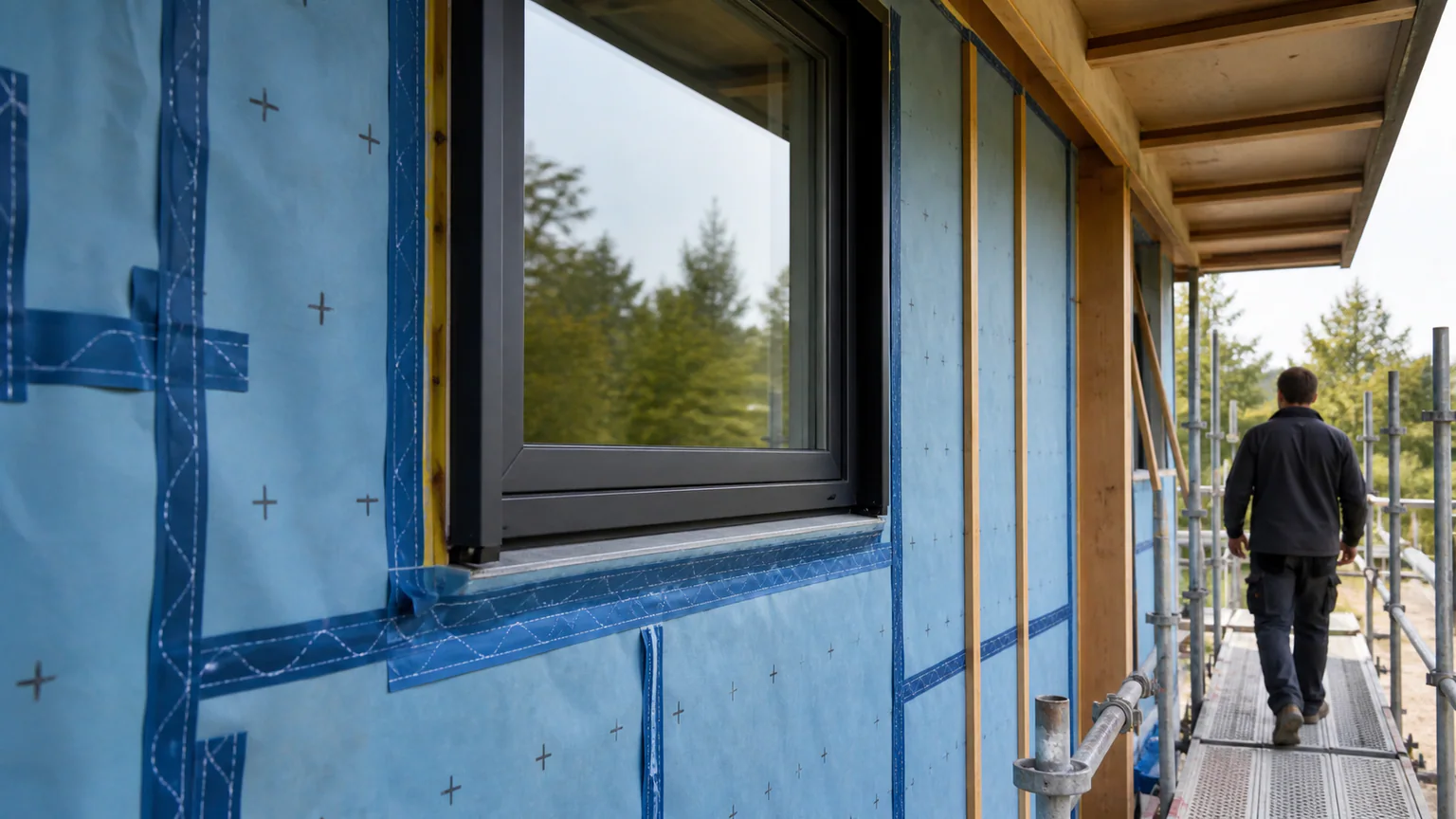 Energy Efficient Modular Home: Building Envelope — QHOME technology guide Energy Efficient Modular Home: Building Envelope — editorial planning scene