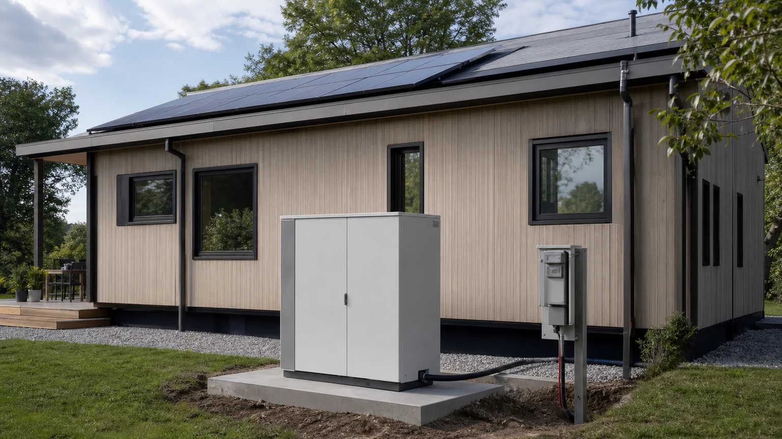 Hybrid Off-Grid Modular Home: Grid Plus Autonomy — QHOME technology guide Hybrid Off-Grid Modular Home: Grid Plus Autonomy — editorial planning scene