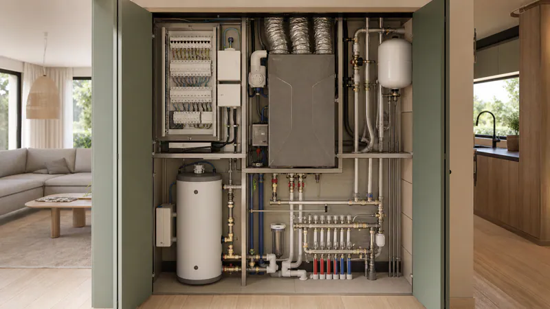 Technical Box Modular Home: Utility Integration — QHOME technology guide Technical Box Modular Home: Utility Integration — editorial planning scene