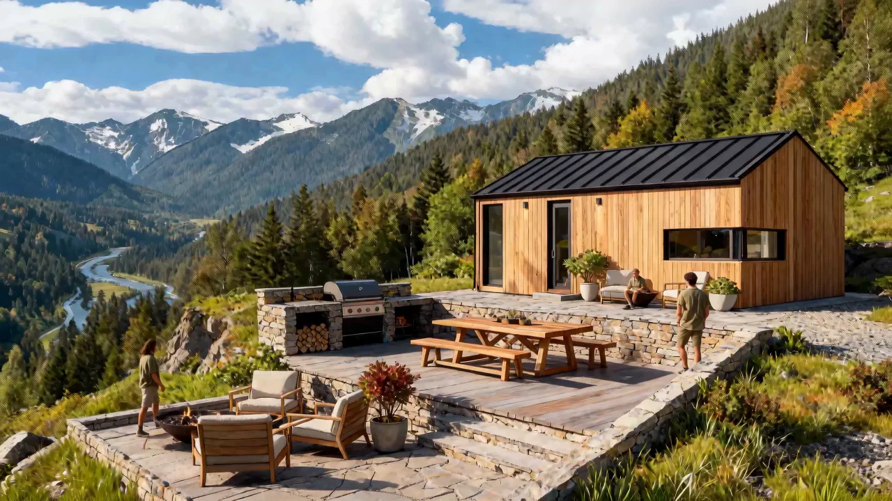 Aerial view of the Siena modular home in a mountain landscape