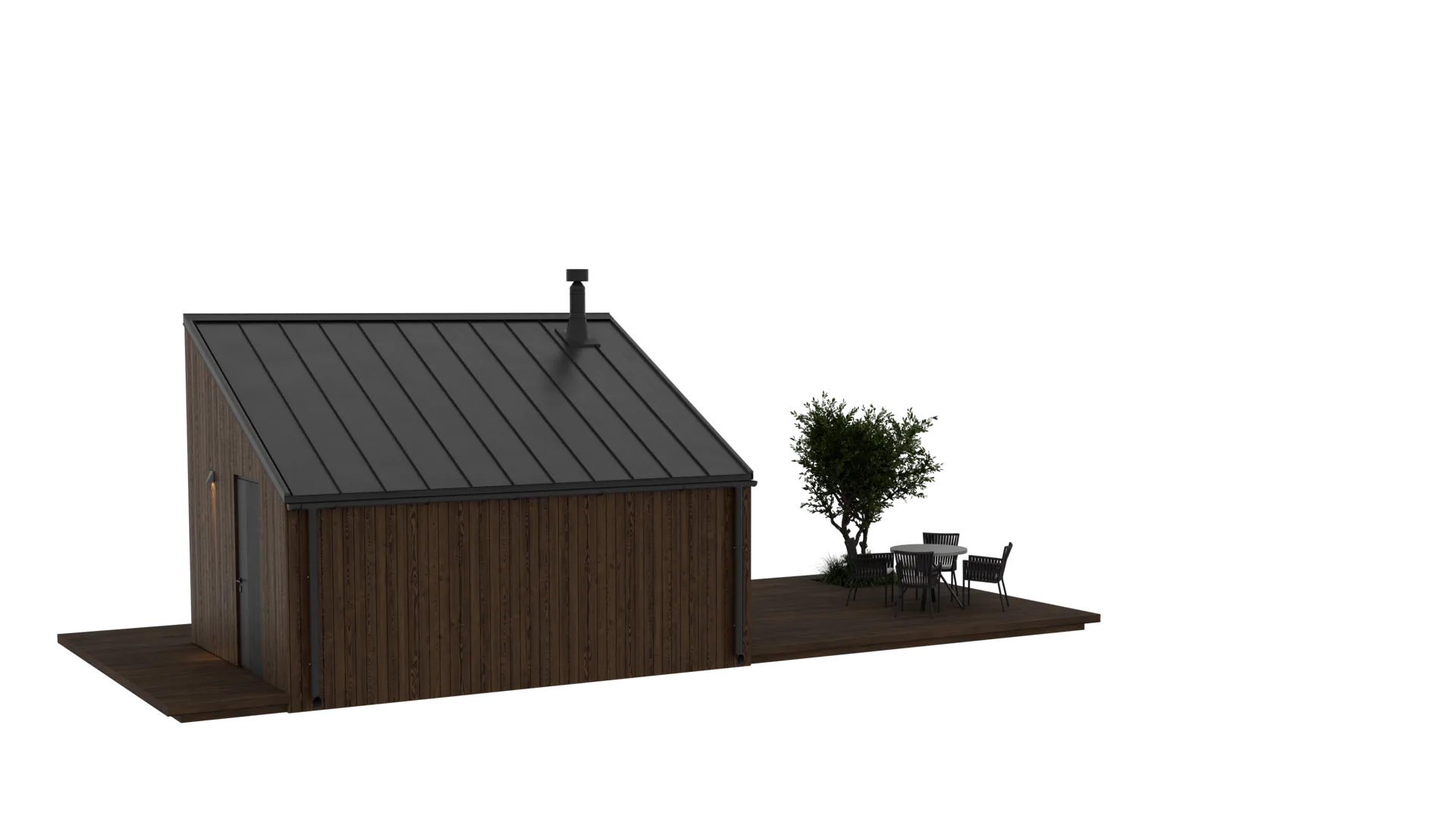 Atak modular home - back roof render QHome Atak back roof render with dark metal roof and timber cladding