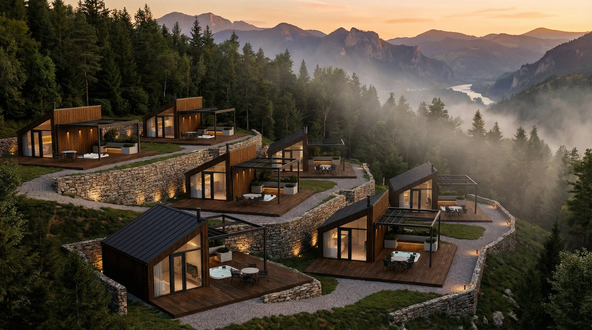 Atak modular home - final mountain village view QHome Atak mountain village with full-screen terraced modules