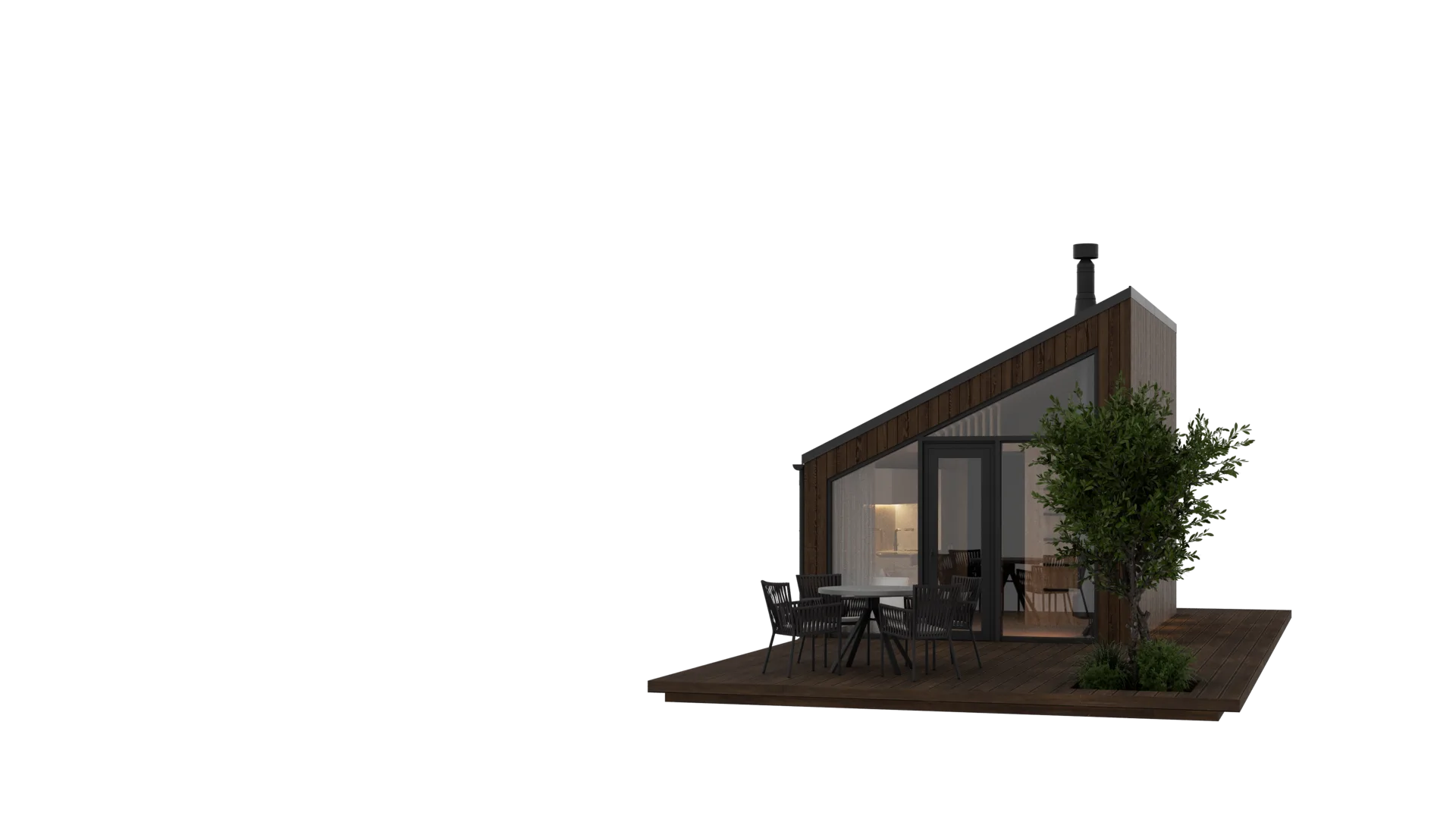 Atak modular home - front terrace render QHome Atak front terrace render with panoramic glazing