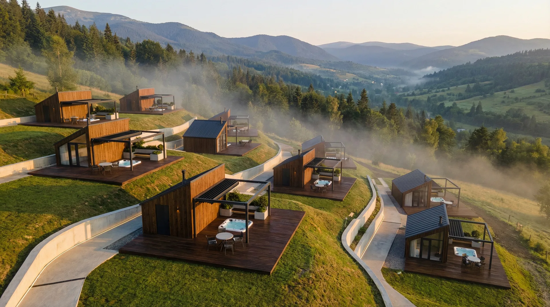Atak modular home - glamping village terraces QHome Atak glamping village with terraced modules in a mountain landscape