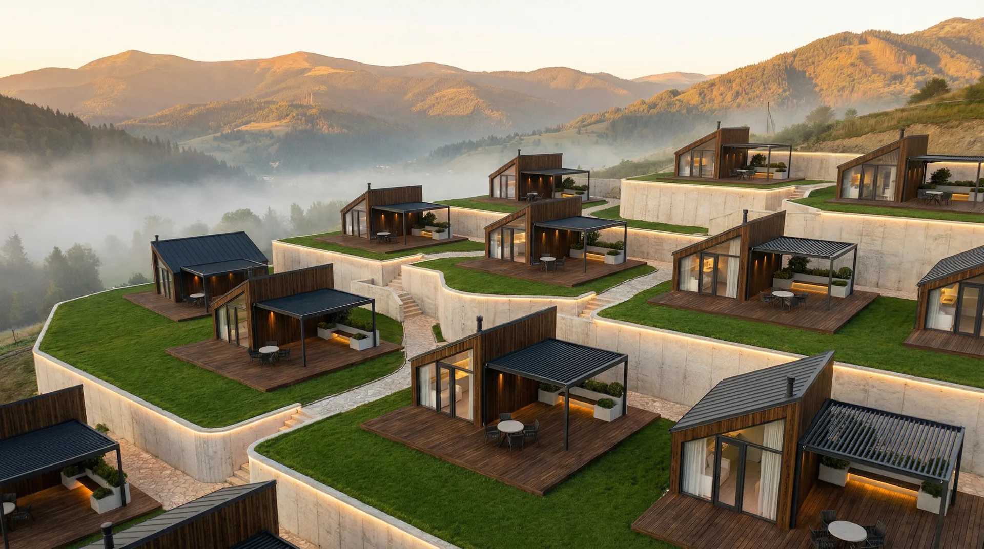 QHome Atak modular village on terraced mountain land