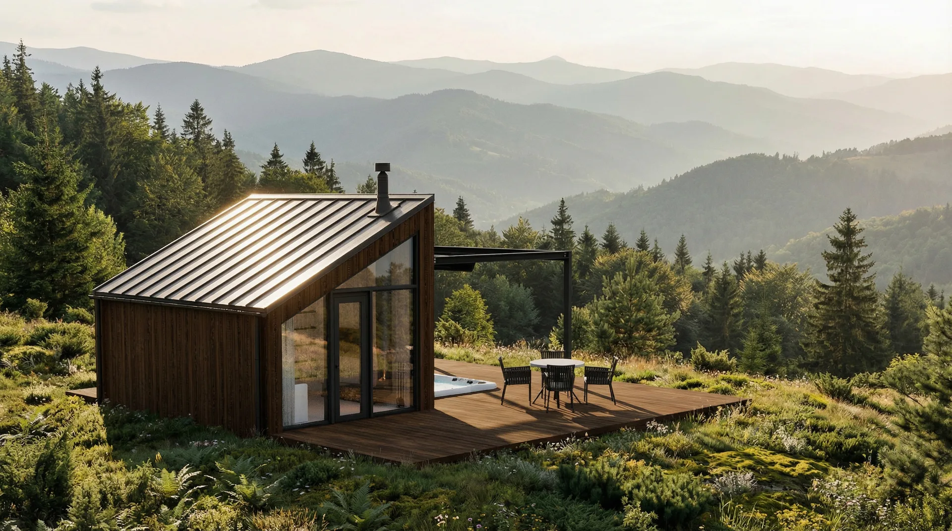 Atak modular home - mountain terrace overview QHome Atak mountain terrace module with panoramic valley view