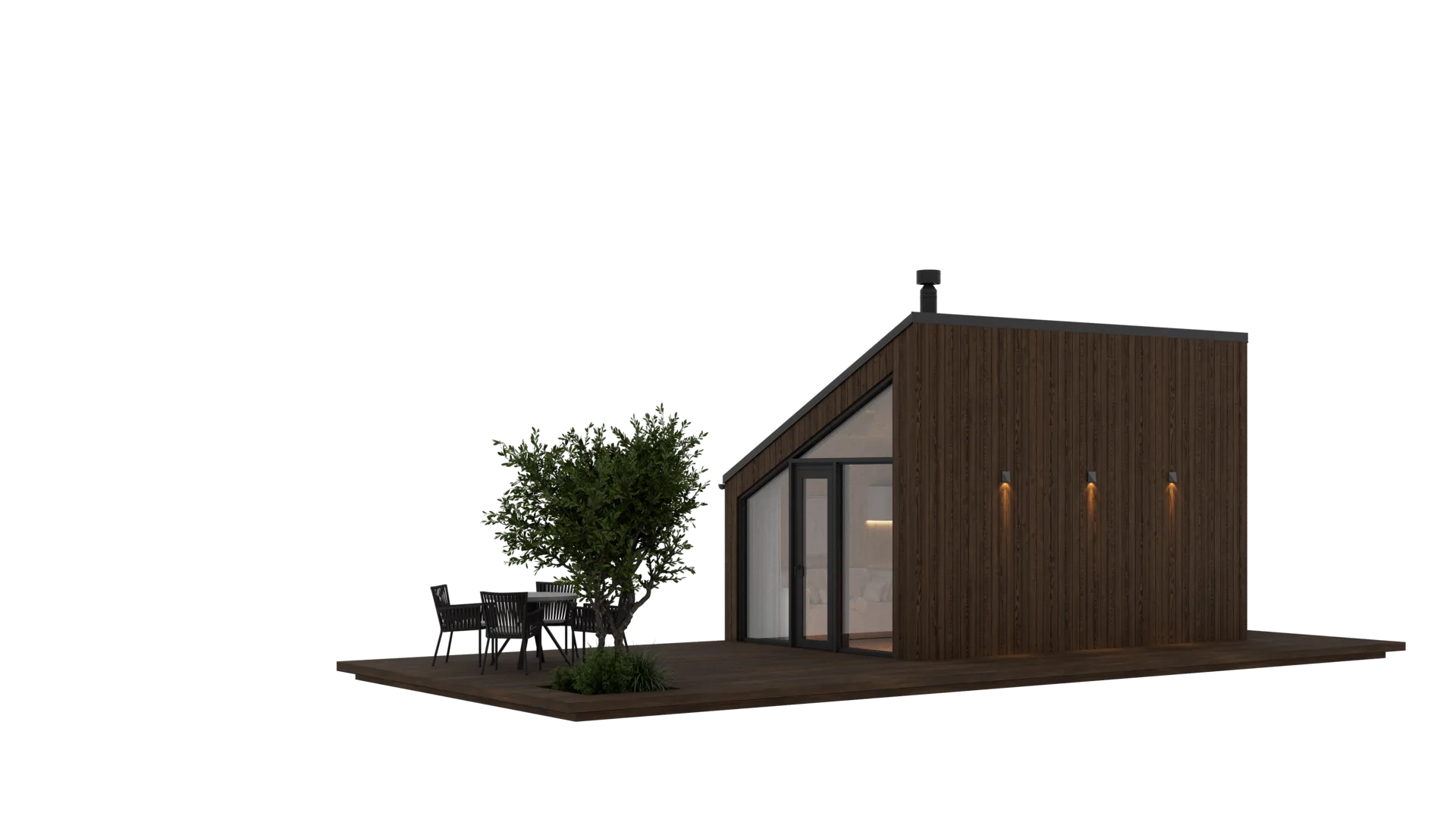 Atak modular home - rear facade render QHome Atak rear facade render with terrace and exterior wall lights