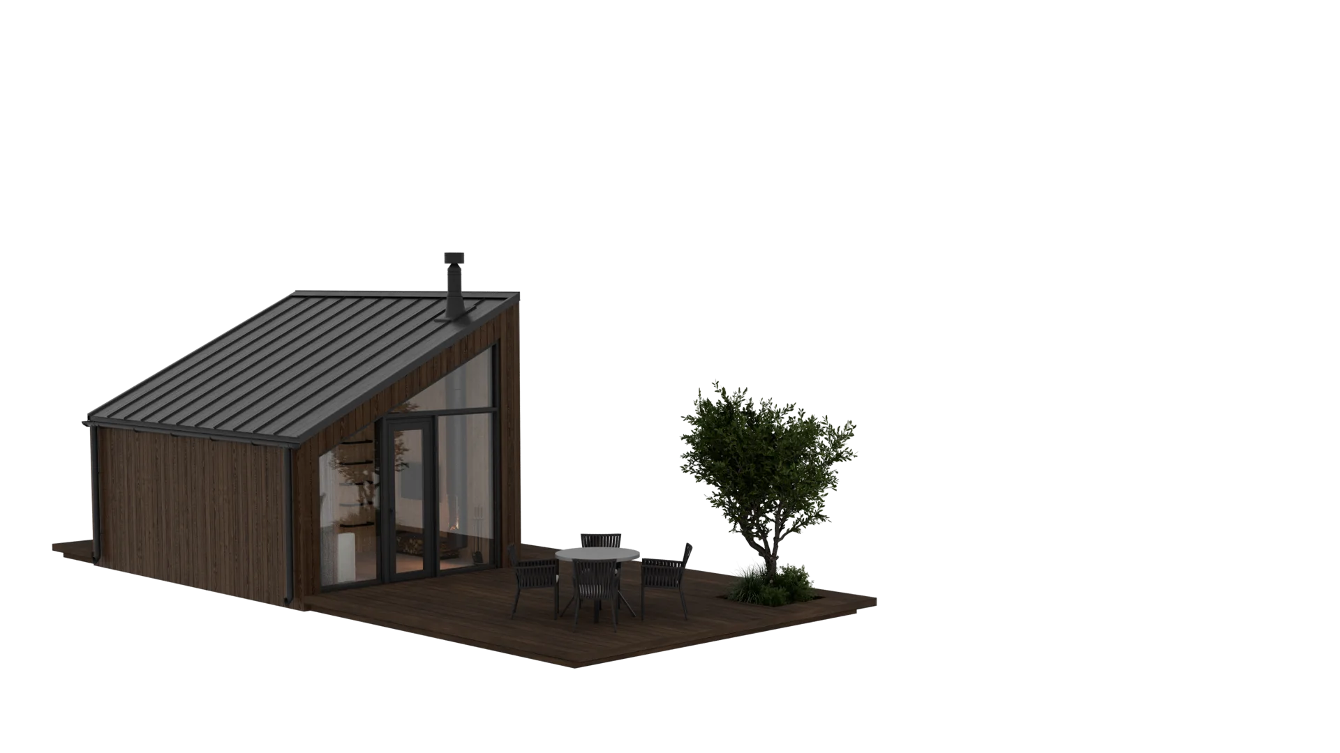 Atak modular home - side terrace render QHome Atak side terrace render with wood facade and roof profile