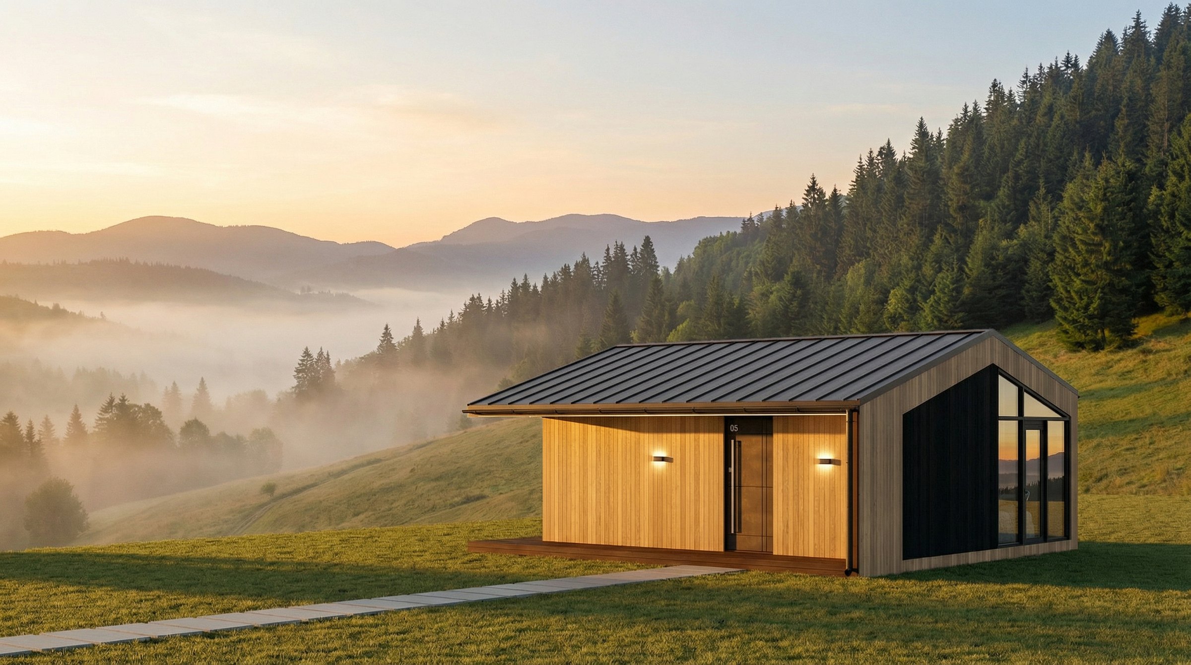 Buzz modular house - side entrance and mountain valley Buzz modular cabin with side entrance, panoramic end glazing and mountain valley landscape