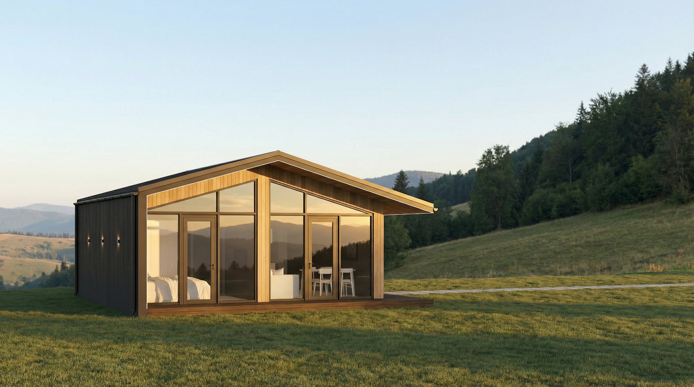 Buzz modular house - covered front deck Buzz modular cabin with panoramic glass facade, covered front deck and open hillside landscape