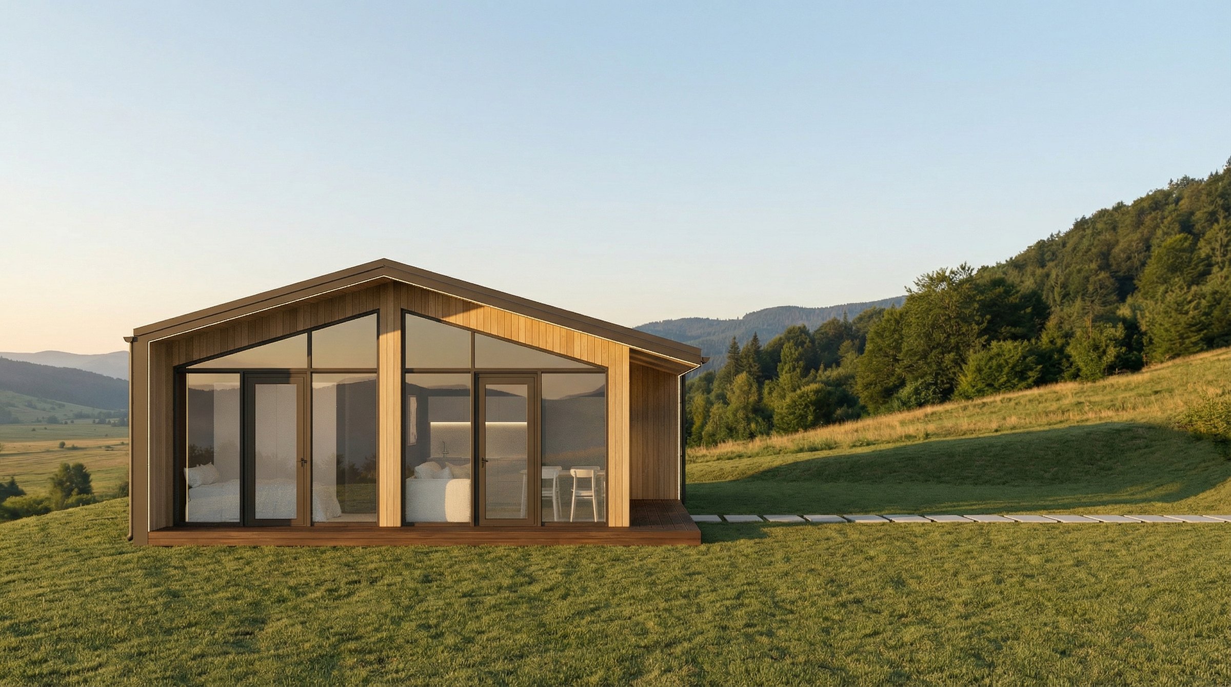 Buzz modular house - glass facade in landscape Front view of the Buzz modular cabin with full-height glass facade, covered deck and mountain landscape