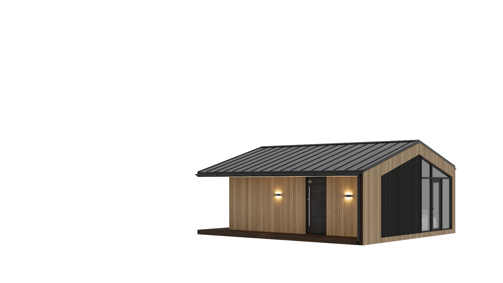 Buzz modular house - entry side render Transparent render of Buzz showing the side entrance, timber facade and dark gable end