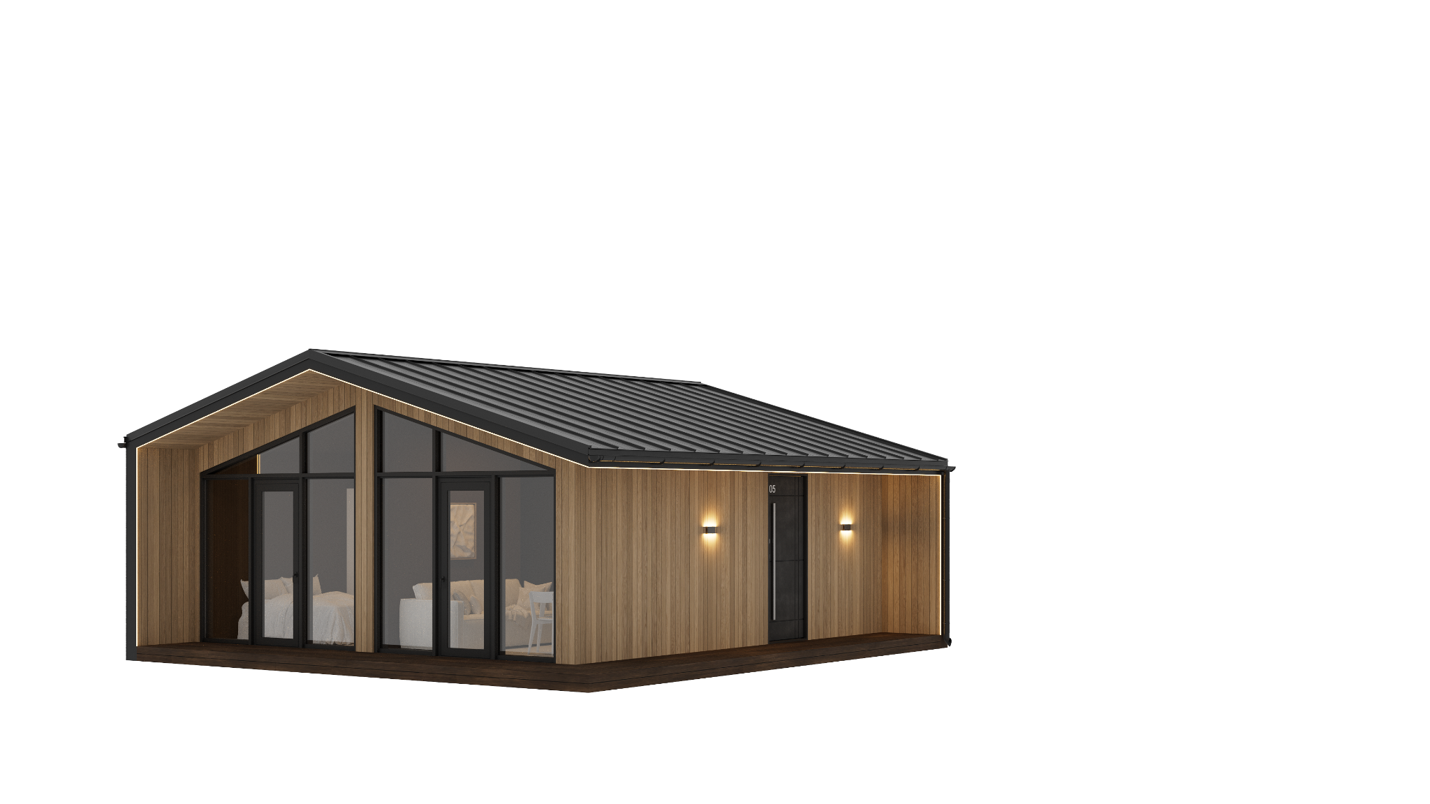 Buzz modular house - front entry wide render Transparent wide render of Buzz showing panoramic front glazing, side entrance and exterior lighting
