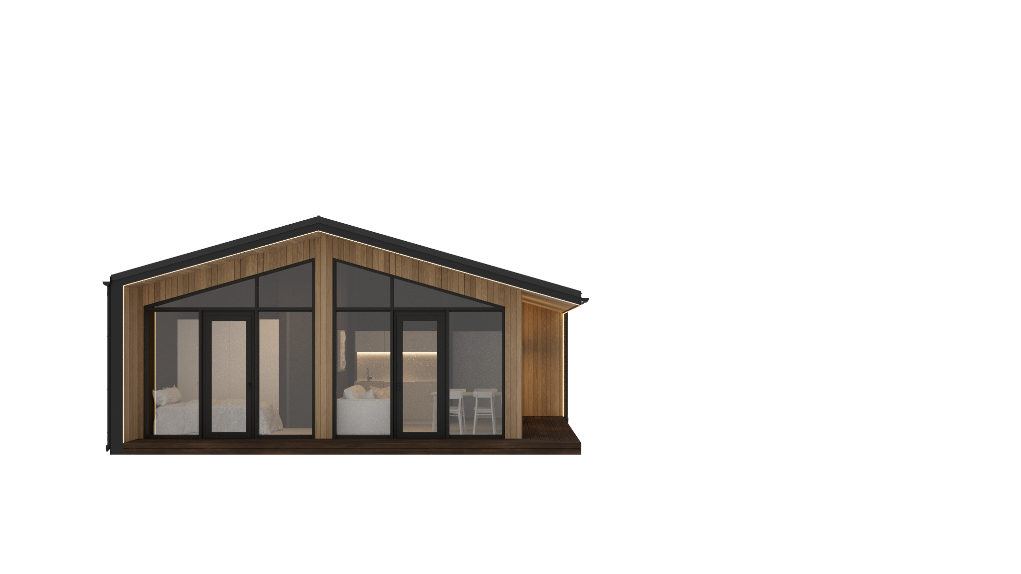 Buzz modular house - front glass render Transparent front render of Buzz with full-height glass wall and visible interior zones