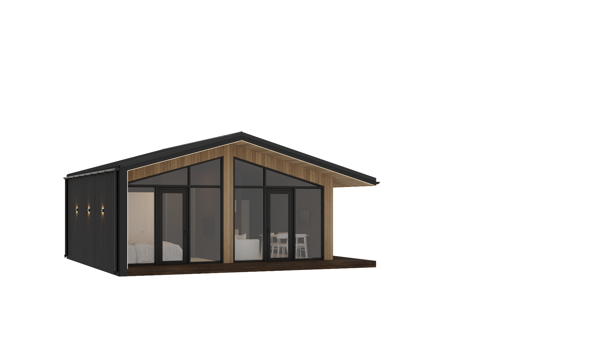 Buzz modular house - front left render Transparent render of Buzz showing the front glazing and dark side wall
