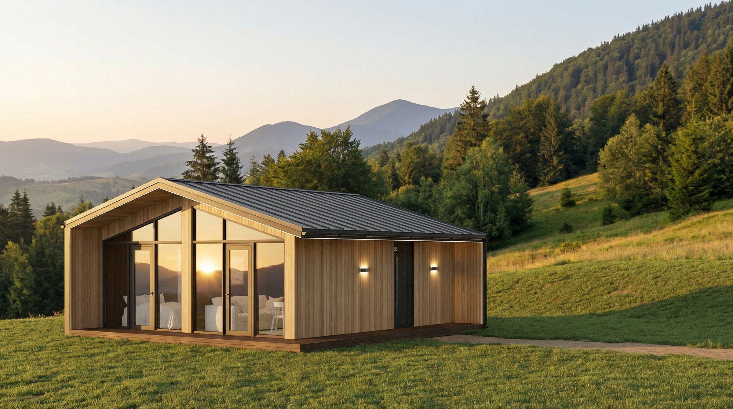 Buzz modular house - three-quarter exterior in landscape Three-quarter view of Buzz with pitched roof, timber cladding, panoramic glazing and side entrance lights