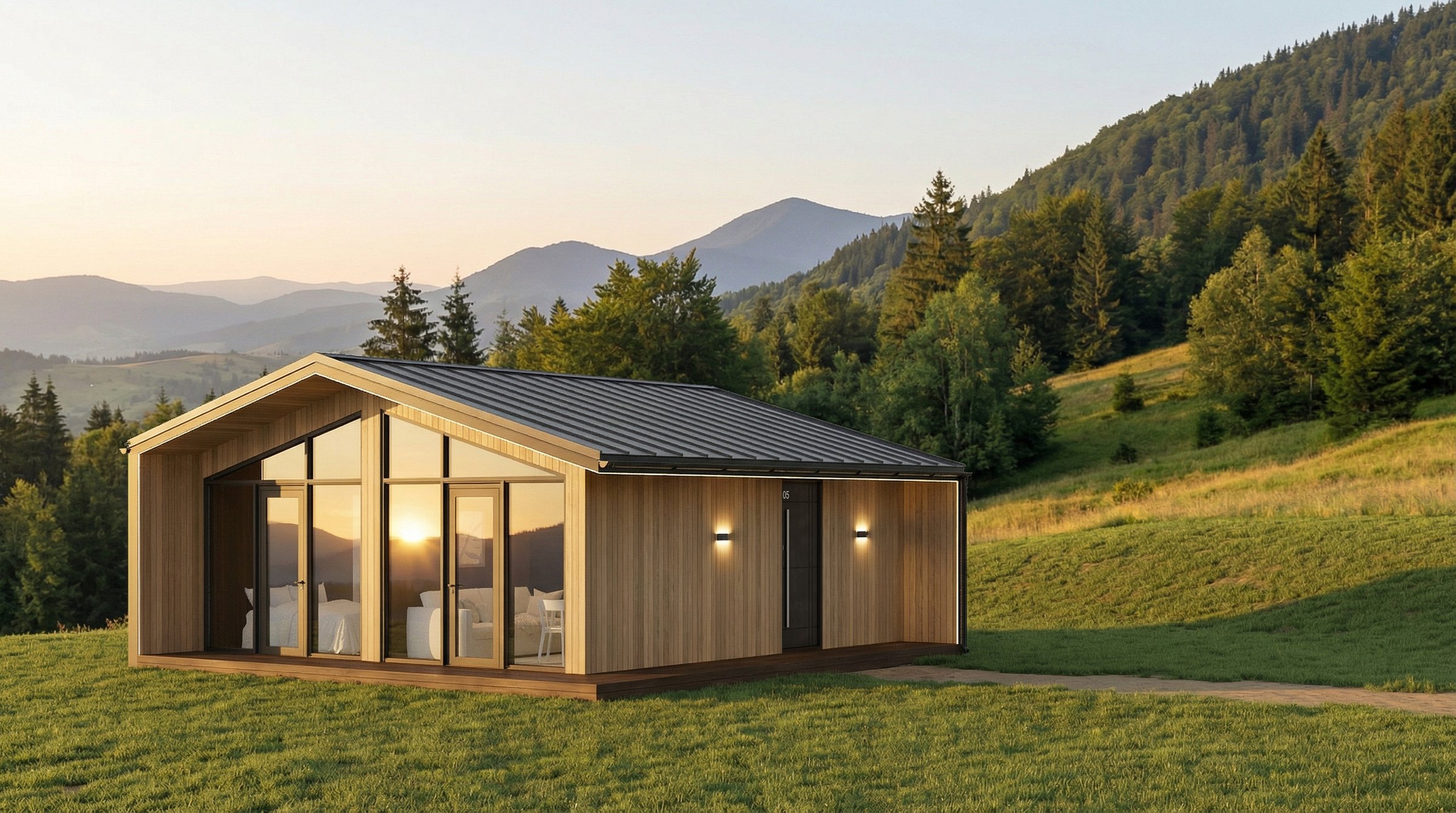 Buzz modular house - wide exterior mountain view Wide exterior view of Buzz with gable roof, glass wall and timber facade in a mountain setting