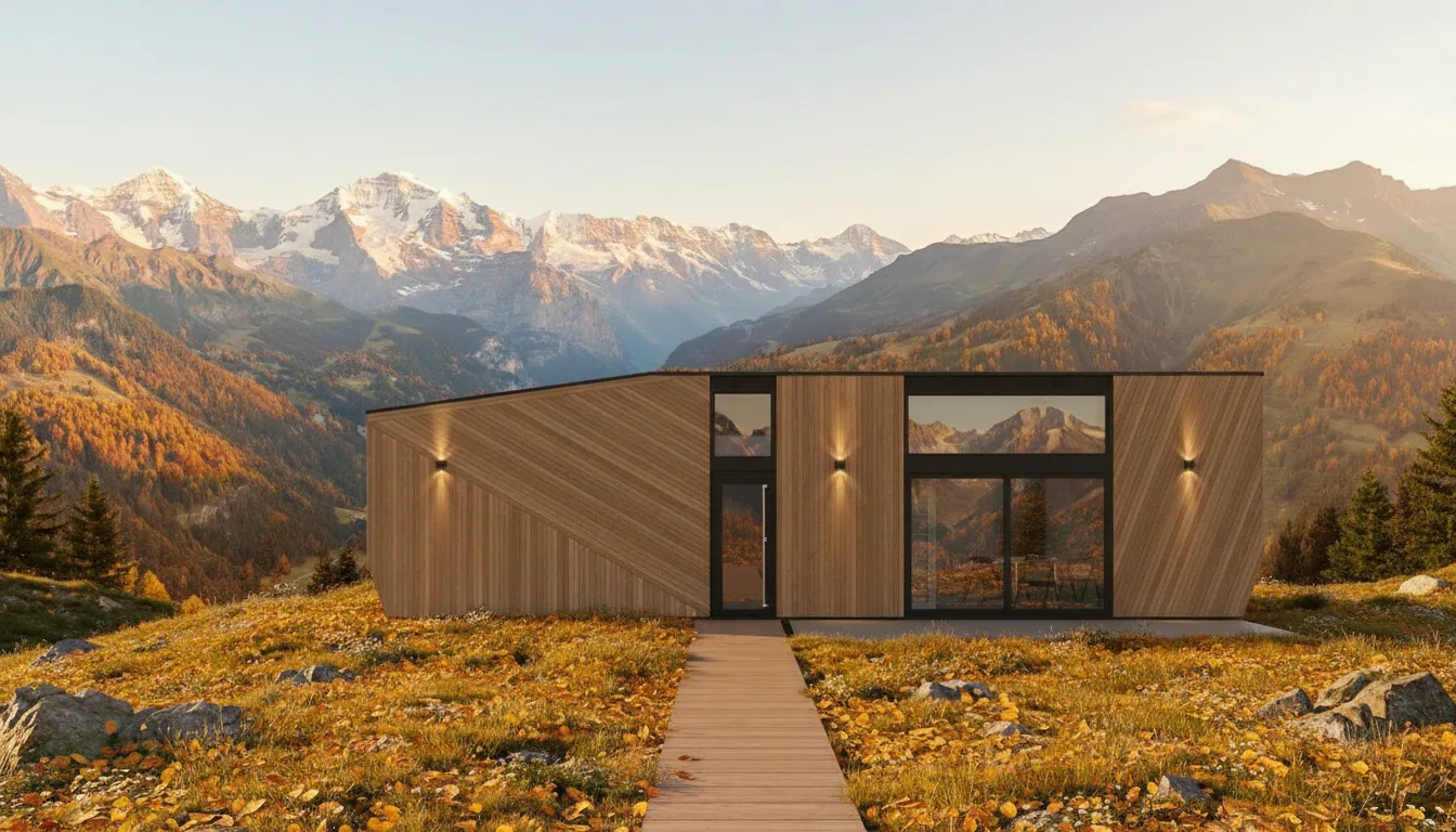 Magnum modular home — alpine autumn front view QHome Magnum modular home — alpine autumn front view