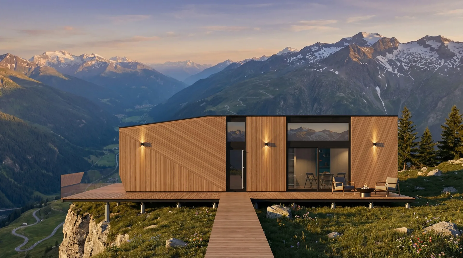 QHome Magnum modular home — mountain deck with firepit and panoramic view