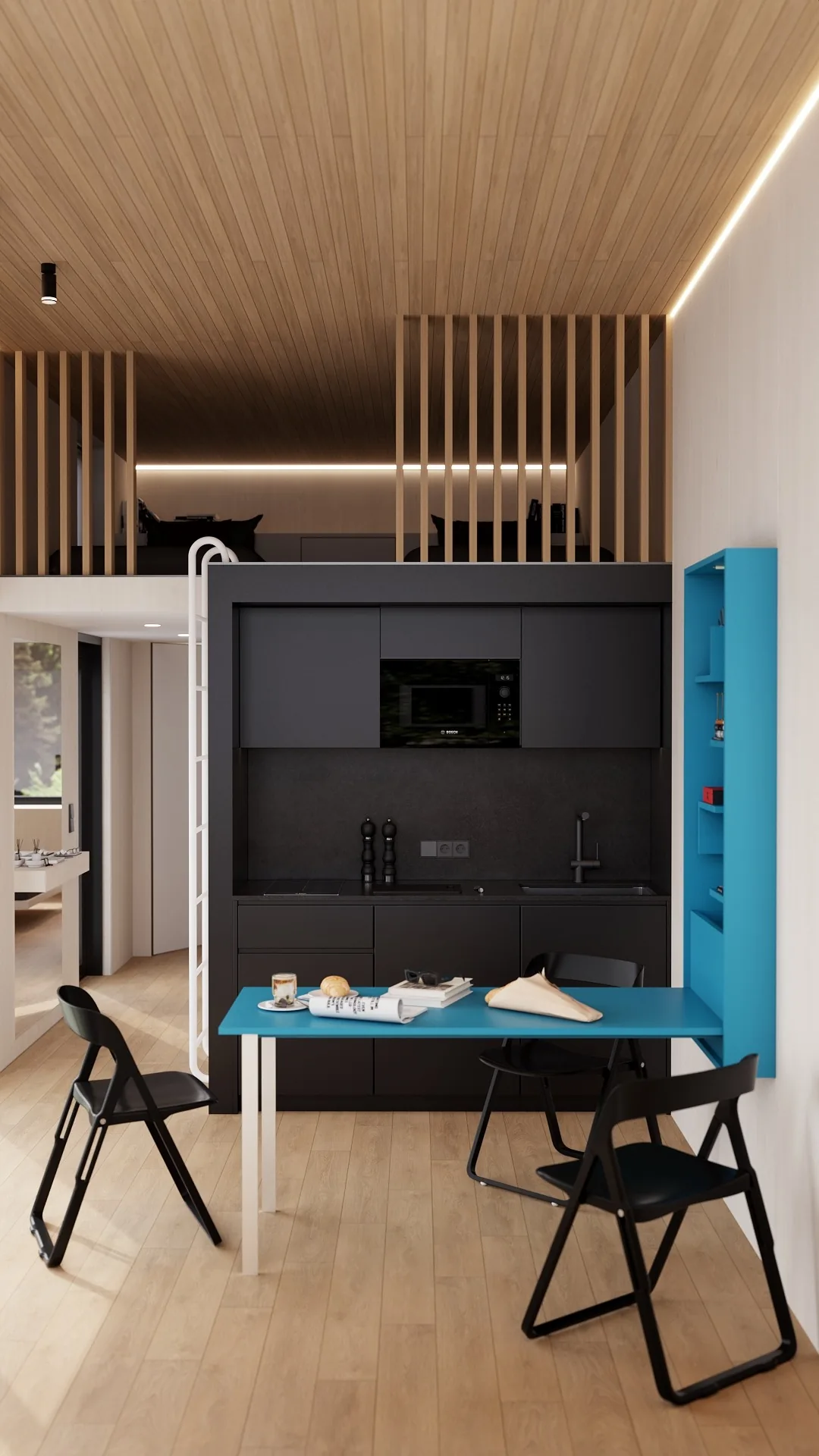 Magnum modular home — compact kitchen, foldable dining table and mezzanine QHome Magnum modular home — compact kitchen, foldable dining table and mezzanine