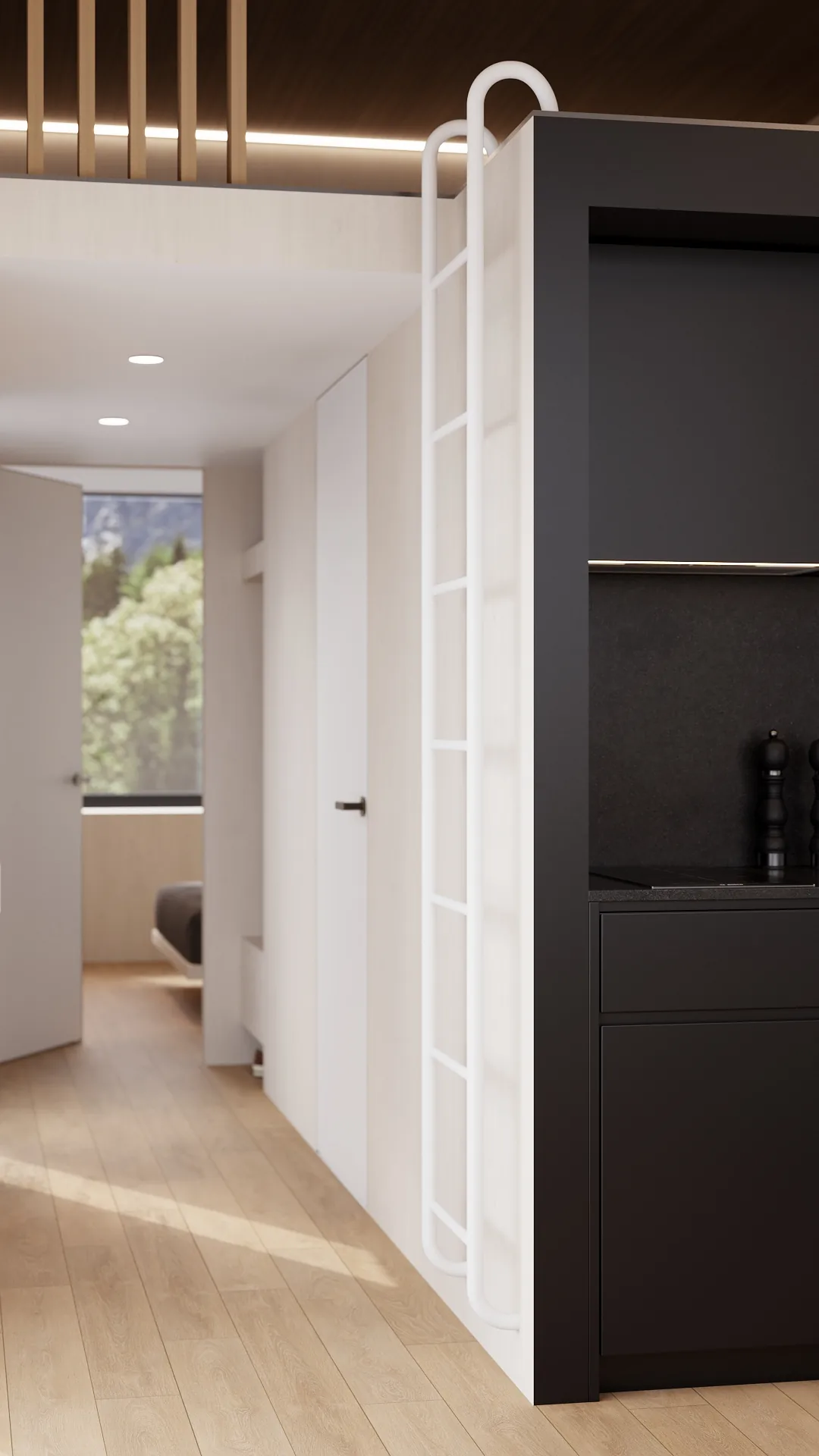 Magnum modular home — corridor with kitchen block and mezzanine ladder QHome Magnum modular home — corridor with kitchen block and mezzanine ladder