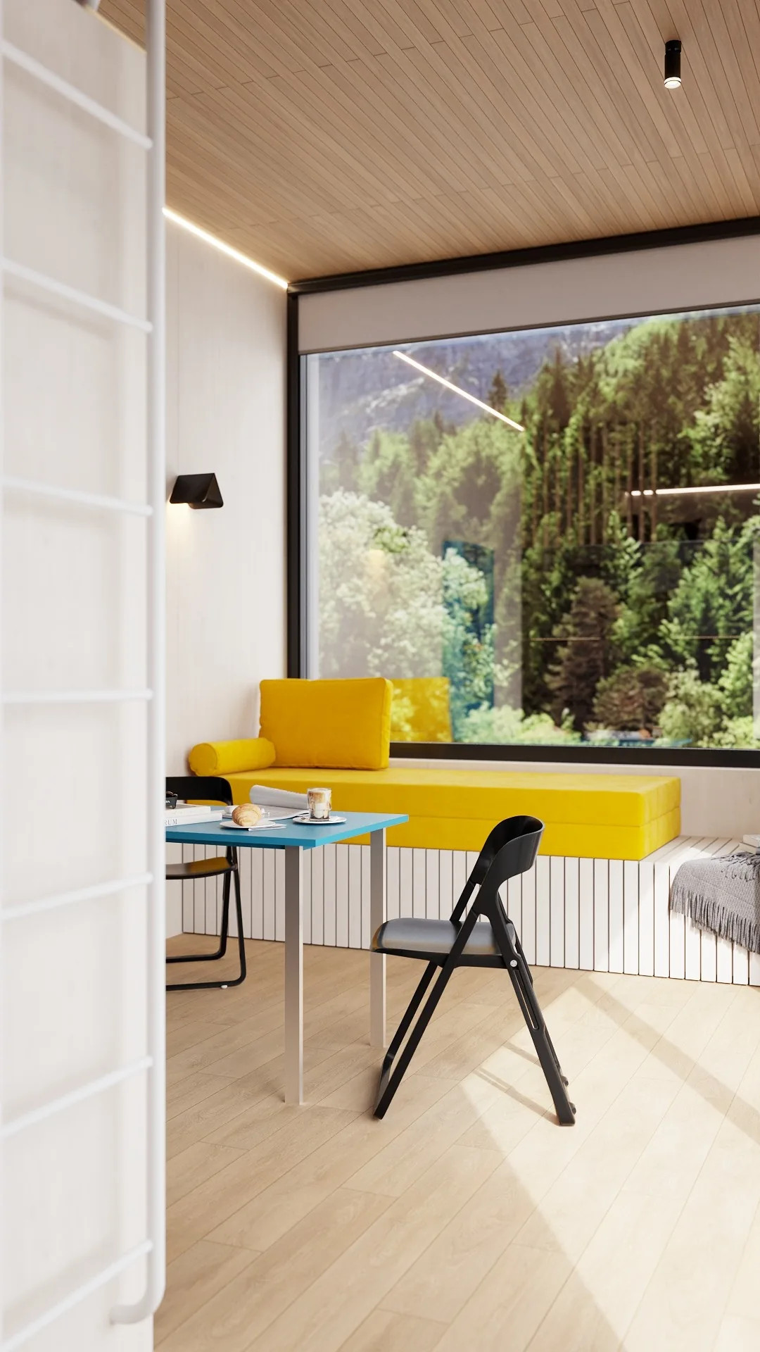Magnum modular home — panoramic yellow daybed lounge by large window QHome Magnum modular home — panoramic yellow daybed lounge by large window