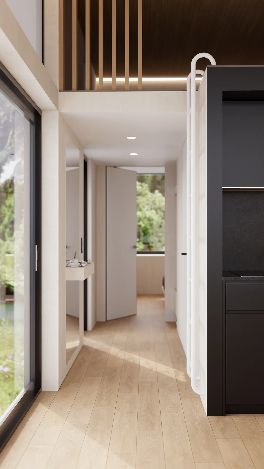 Magnum modular home — corridor with mezzanine and kitchen connection QHome Magnum modular home — corridor with mezzanine and kitchen connection