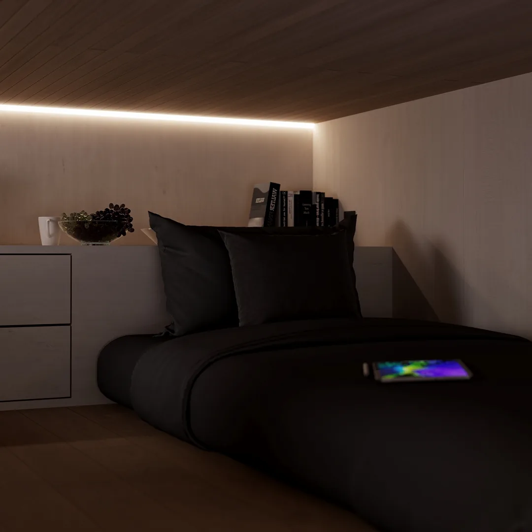 Magnum modular home — mezzanine bed with warm LED lighting QHome Magnum modular home — mezzanine bed with warm LED lighting