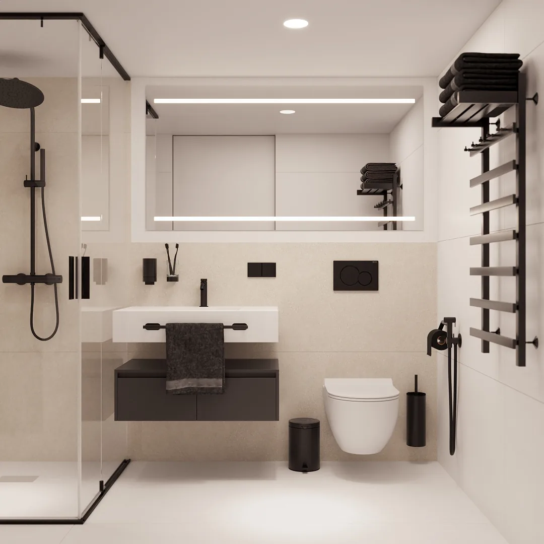 Magnum modular home — minimalist bathroom with glass shower and backlit mirror QHome Magnum modular home — minimalist bathroom with glass shower and backlit mirror