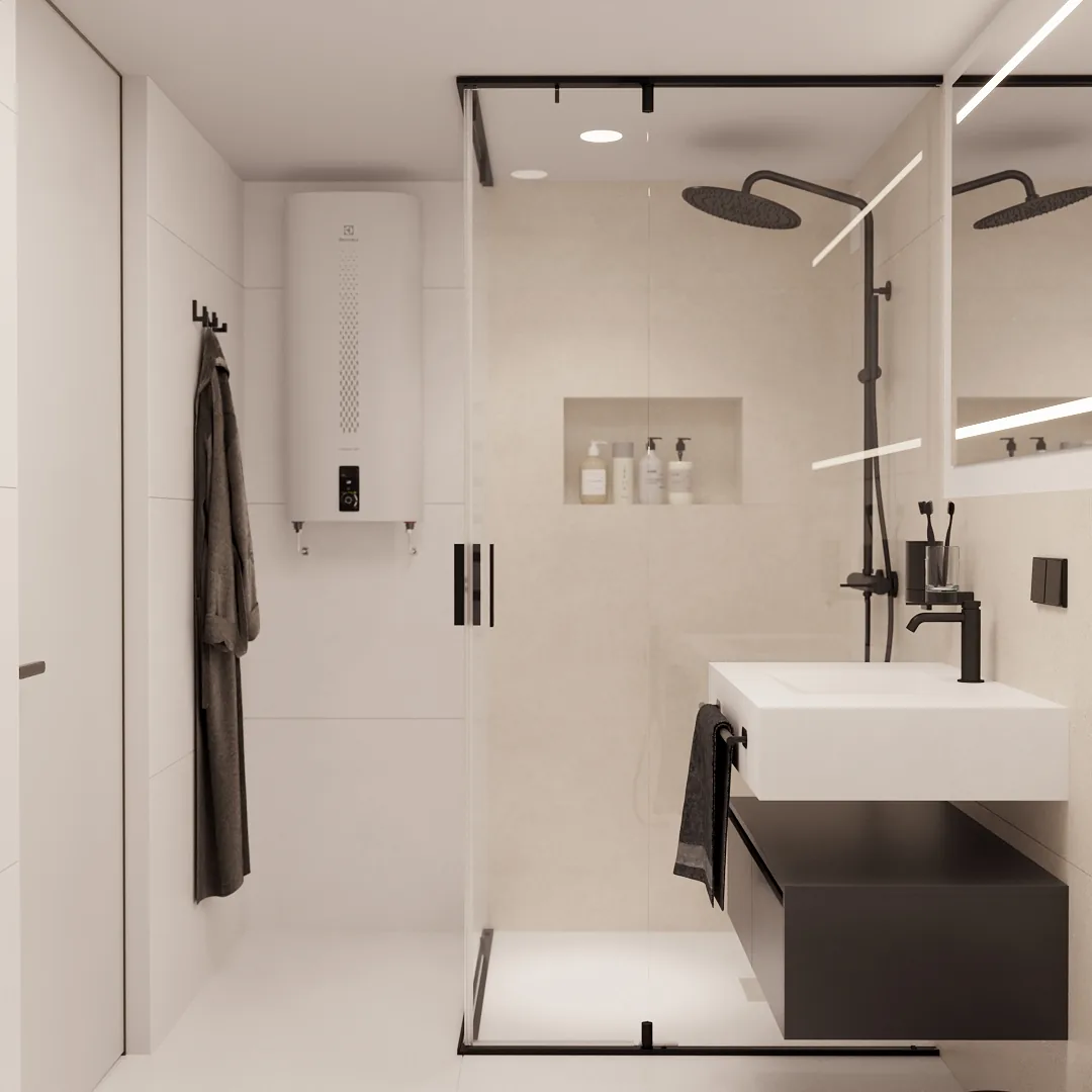 Magnum modular home — bathroom shower with boiler and black fixtures QHome Magnum modular home — bathroom shower with boiler and black fixtures