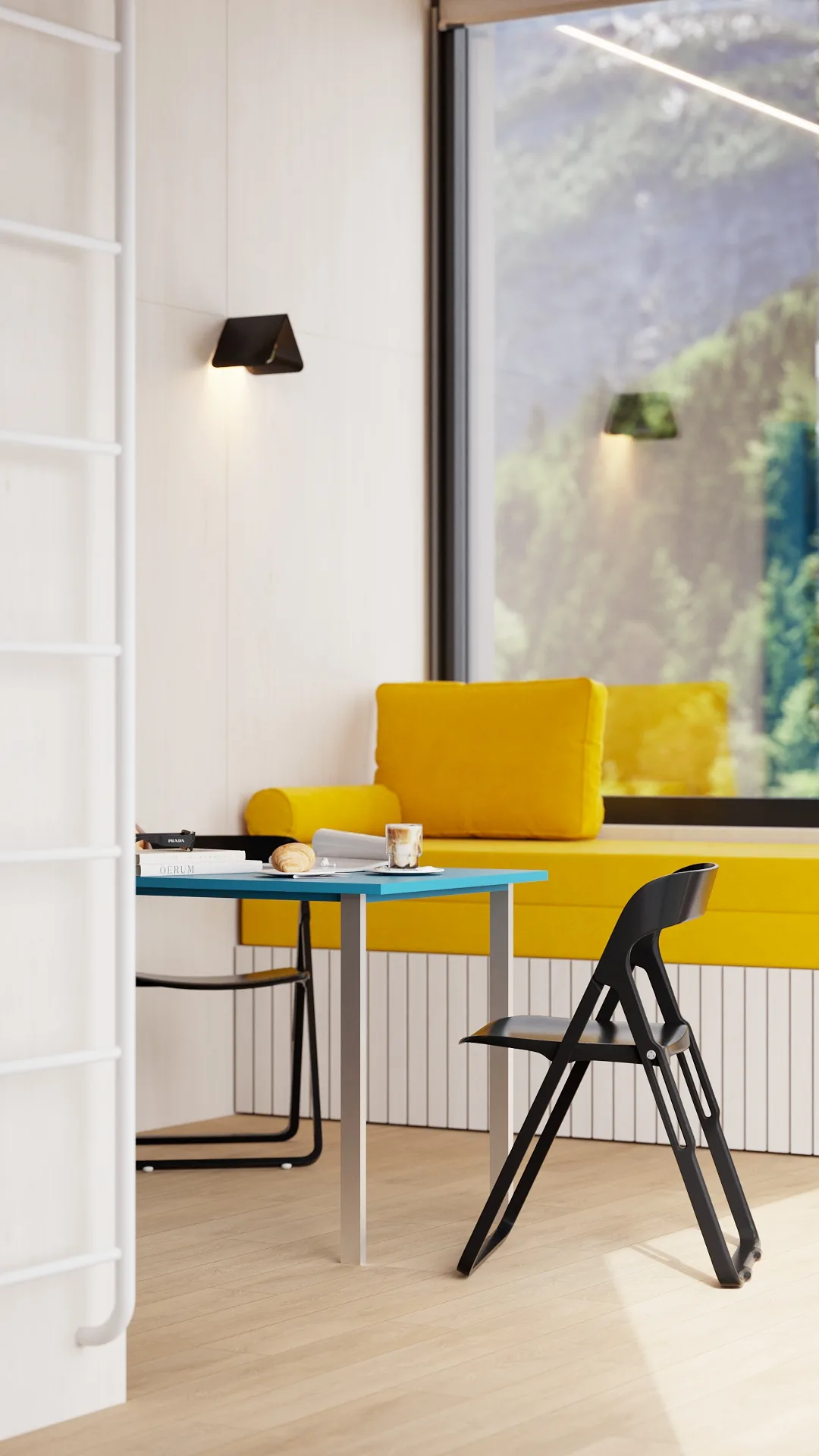 Magnum modular home — daybed and dining detail by panoramic window QHome Magnum modular home — daybed and dining detail by panoramic window
