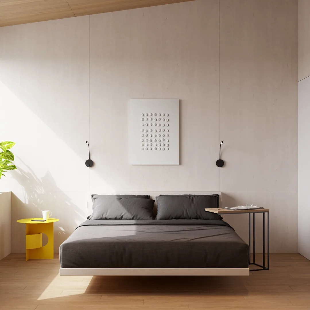 Magnum modular home — floating double bed with reading lights QHome Magnum modular home — floating double bed with reading lights