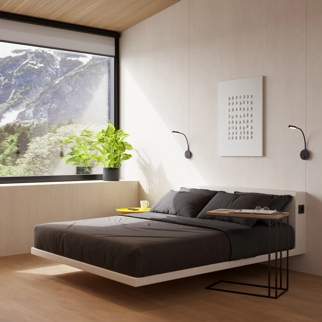 Magnum modular home — bedroom with panoramic window and movable table QHome Magnum modular home — bedroom with panoramic window and movable table