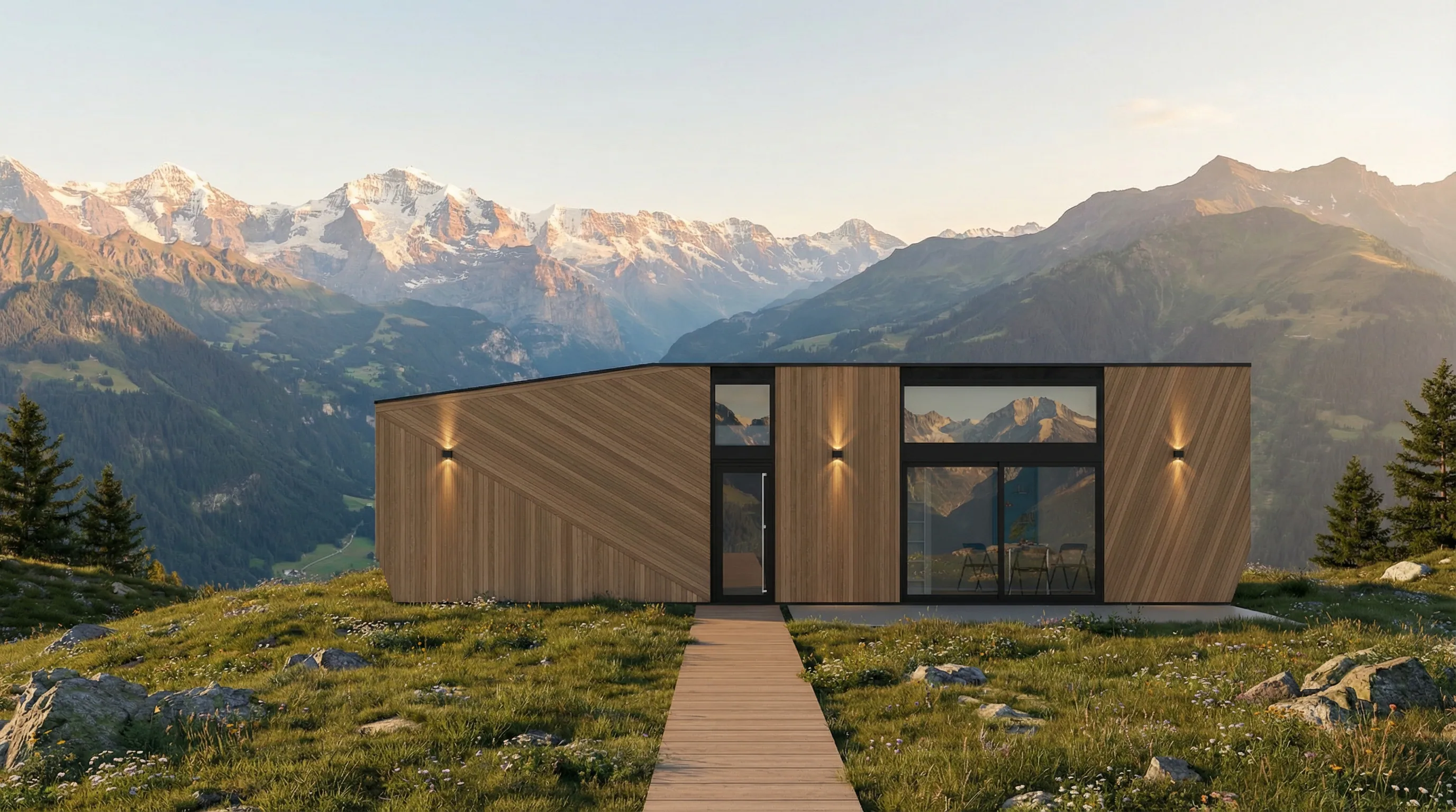 Magnum modular home — day view in an alpine mountain landscape QHome Magnum modular home — day view in an alpine mountain landscape