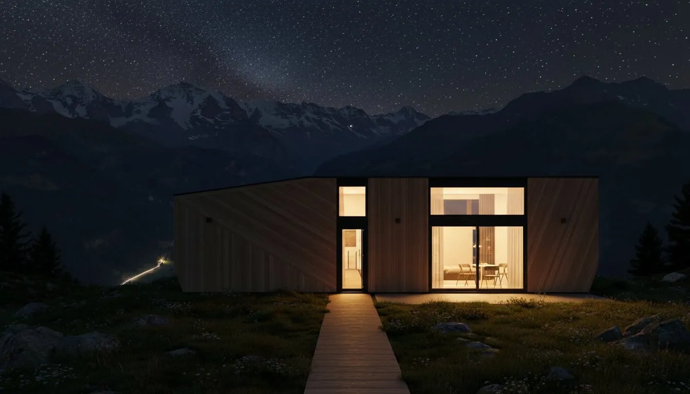 Magnum modular home — night view with warm interior light in the mountains QHome Magnum modular home — night view with warm interior light in the mountains