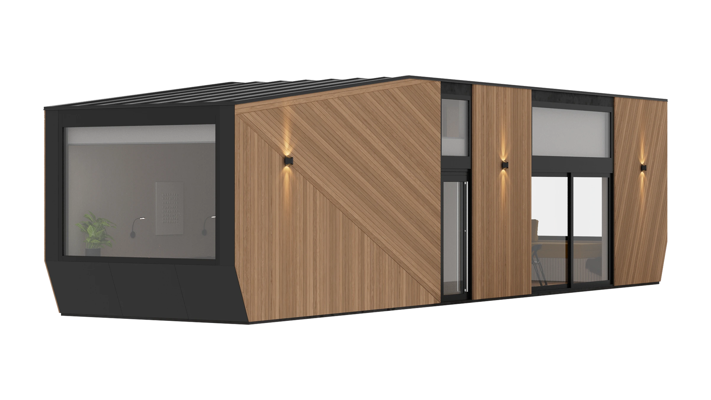 Magnum modular home — side facade render in warm finish QHome Magnum modular home — side facade render in warm finish