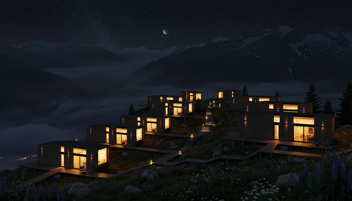 Magnum modular home — modular village at night in the mountains QHome Magnum modular home — modular village at night in the mountains