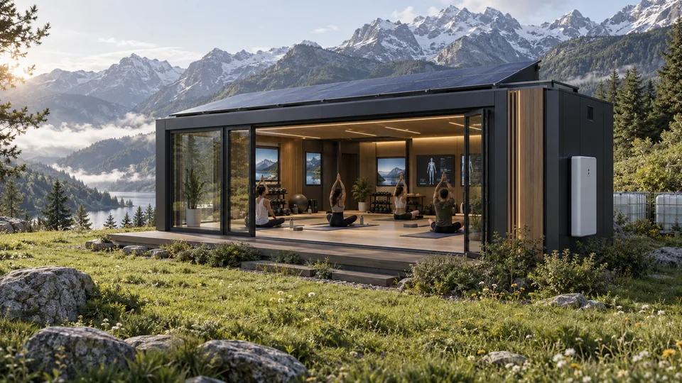Concept modular gym with a glazed façade on a mountain meadow; solar panels shown as an option Concept modular gym with a glazed façade on a mountain meadow; solar panels shown as an option