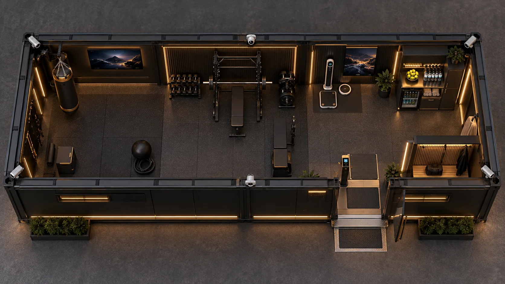 Concept overhead view of a narrow modular gym with equipment and storage
