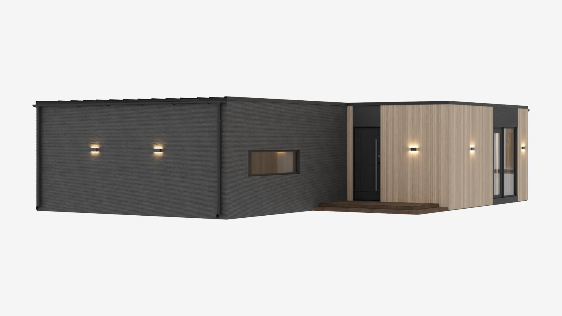 Zephyr modular home - entry angle render QHome Zephyr angled entry render with dark facade planes