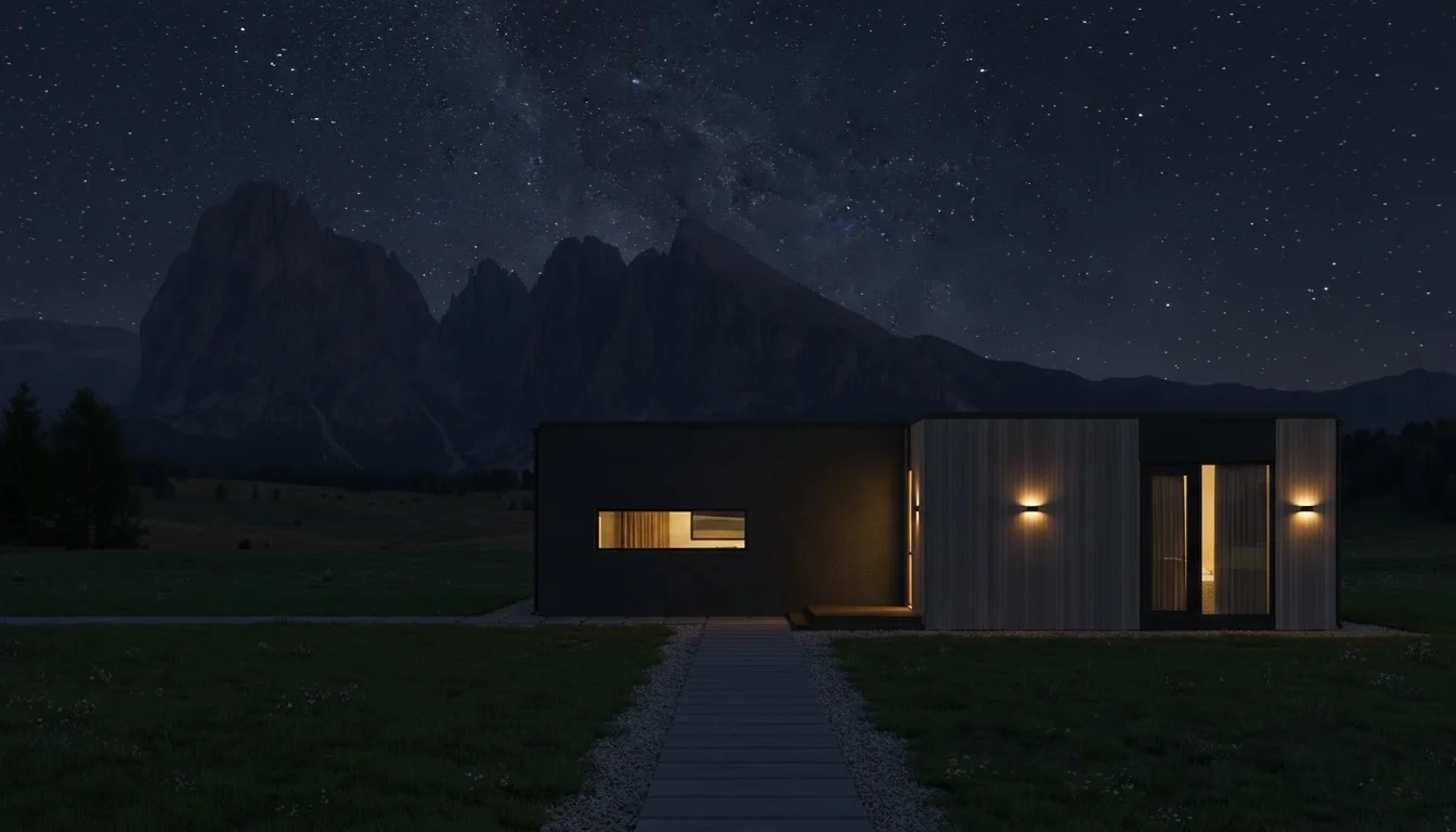 QHome Zephyr nighttime mountain facade view with warm exterior lights