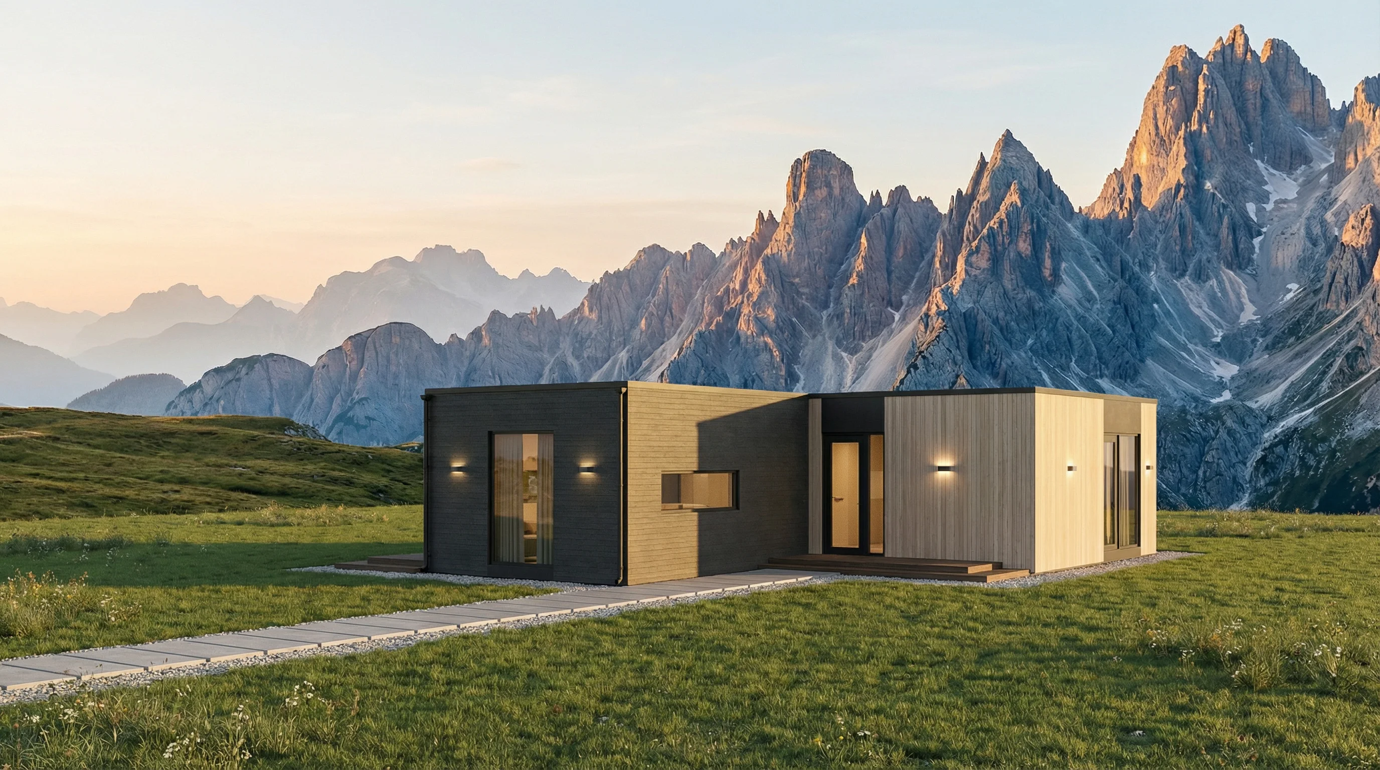 QHome Zephyr modular home in an alpine mountain landscape