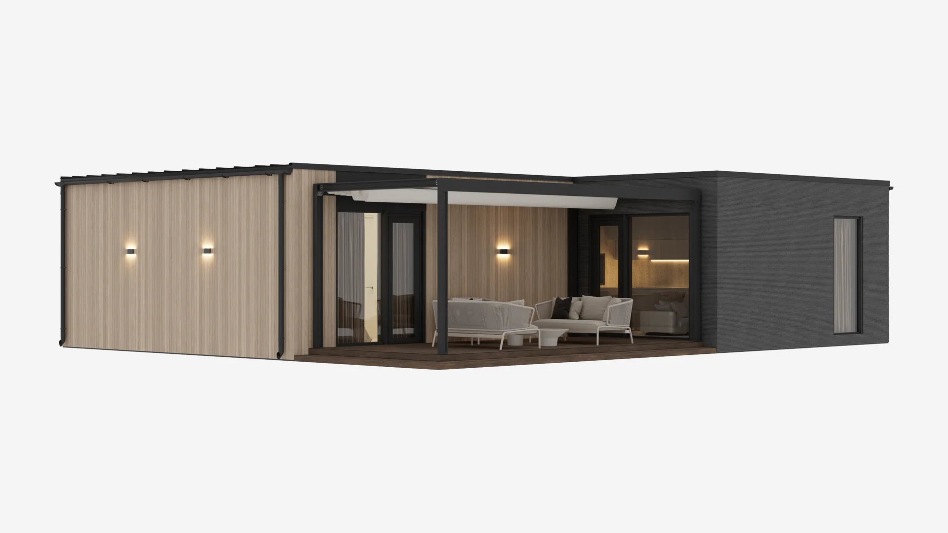 Zephyr modular home - terrace living render QHome Zephyr terrace render with outdoor living zone